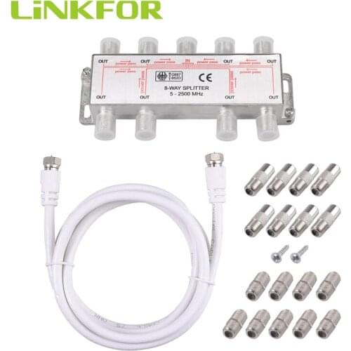 LiNKFOR 8-Way Coax Cable Splitter MoCA 5-2500MHz With 1.5m Factory Made Patch Leads with Fitted F Plugs F to F Inline Joiner