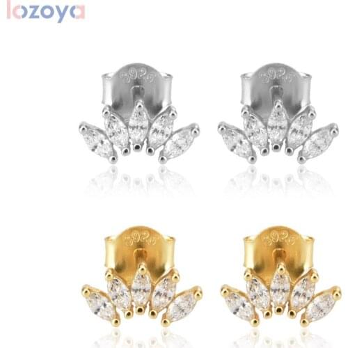 LOZOYA 925 Sterling Silver Gold Clear Ovals Clips Piercing Stud Earring Rock Punk Fine Jewelry Tiny Crystal CZ Zircon Pendiente