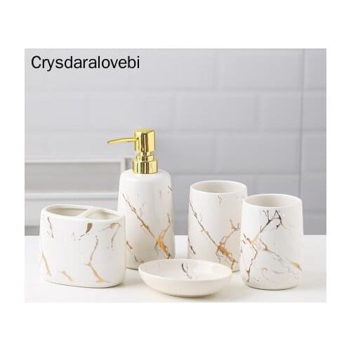 Milky Ceramic Toiletries Bathroom Accessories Set Marble Porcelain Toothbrush Holde Soap Dispenser Bathroom Tray Home Decoration
