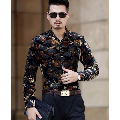 Mens Winter Autumn Silk Velvet Shirt Fashion Floral Print Bussiness Casual Velour Tops Shirts Thick Warm Flower Shirt M-3XL