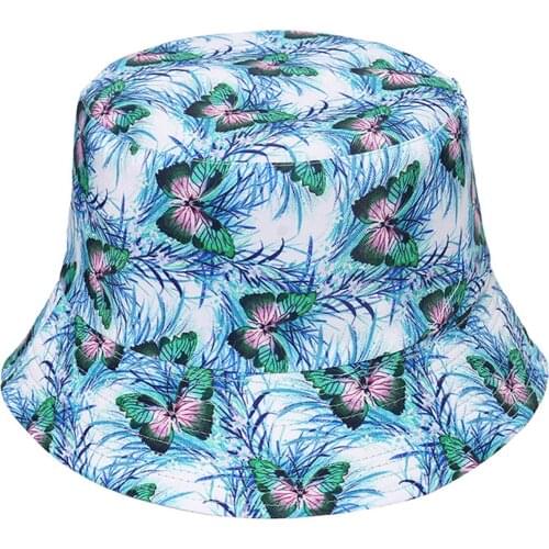 New Fashion Women Butterfly Print Fisherman Hat P anama Reversible Bucket Hats Casual Sun Protection Fishing Cap