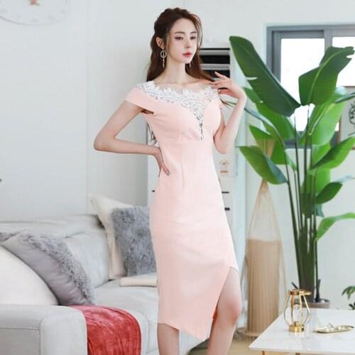 New Fashion Summer Lace Patchwork Midi Party Club Dress Ladies OL Elegant Sexy Off-Shoulder Short Sleeve Skinny Bodycon Dress