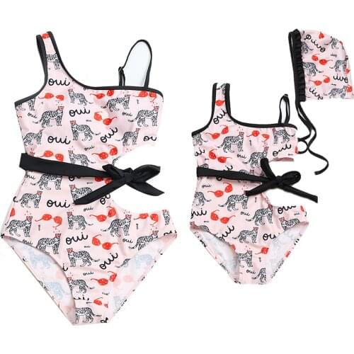 Mother and Daughter Mathcing Swimsuits Sexy One-piece Swimsuit Women Print One Shoulder Swimwear with Swim Cap Mom and Girls