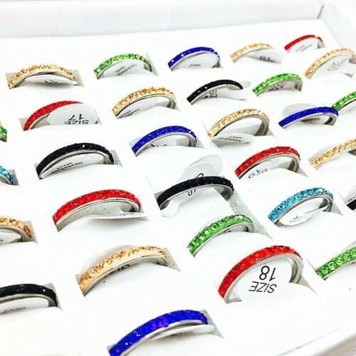 Wholesale Mix Lot 50pcs colorful ring for women One Row Clay Rhinestone Stainless Steel Rings Jewelry party gifts dropshipping