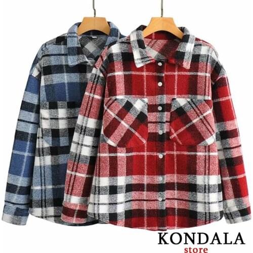 KONDALA Za 2020 Plaid Coat Women Winter Oversized Vintage Thicken Fashion Long Jackets Coats Mujer Single Breasted Pockets Tops