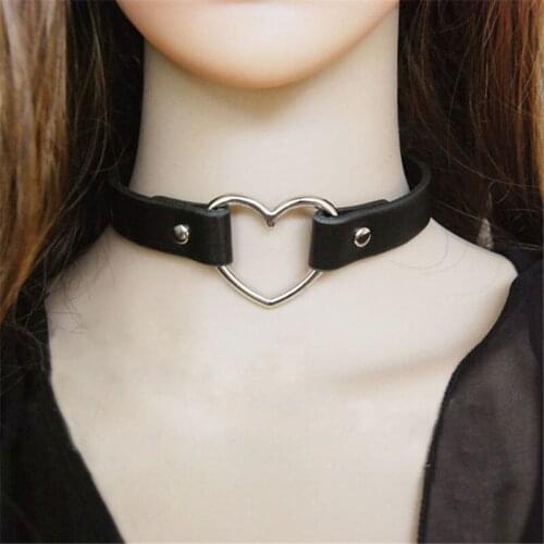 PiercingJ Black Leather Heart Punk Gothic Choker Necklaces Adjustable Collar Necklace for Women Men