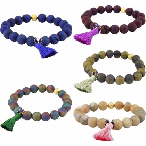 SUNYIK Titanium Crystal Druzy Geode Beads 10mm Stretch Bracelet,with Tassel Wristband