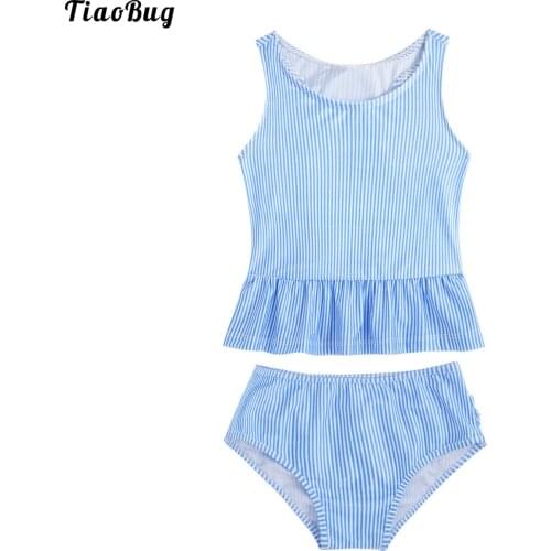 TiaoBug Summer Children Kids Girls 2Pcs Stripe Swimsuit Tankini Sets Swimwear Bathing Suit Sleeveless Tops With Briefs Sets