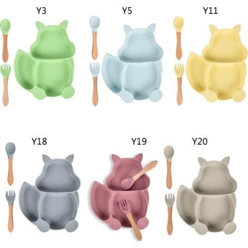 Nordic BPA Free Silicone Non-slip Squirrel Shape Sucker Training Plate Bowl Baby Shower Gift Fork Spoon Feeding Set Infant GXMB