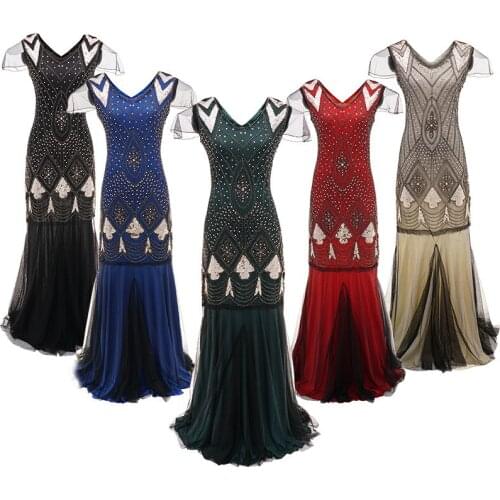 Vintage Great Gatsby Flapper Dresses Sequin Beads Party Dress Art Deco Double Women 1920s Sexy Short Sleeve Long Dress