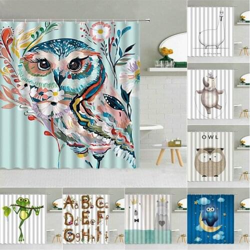Cartoon Animal Shower Curtain Set Cute Owl Alpaca Cat Frog Bear 3d Waterproof Fabric Child Bathroom Home Decor Hanging Curtains