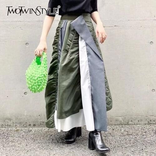 TWOTWINSTYLE Casual Hit Color Skirt For Women High Waist Irregular Patchwork Midi Skirts Female 2021 Fashion New Stylish Tide