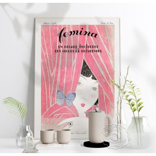 Femina Un Regard Indiscret Sur Les Modes De Printemps Poster, Pink Curtain Girl Butterfly Art Prints, Nordic Fashion Home Decor