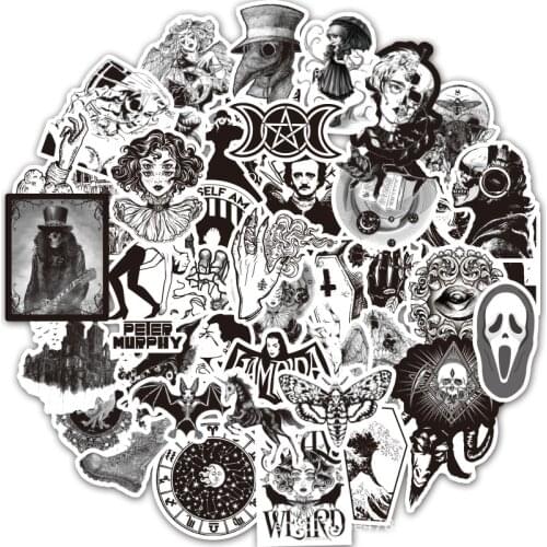 50Pcs Black and White Gothic Style Horror Thriller Stickers Cool Skateboard Motorcycle Guitar Waterproof Sticker Kid Classic Toy