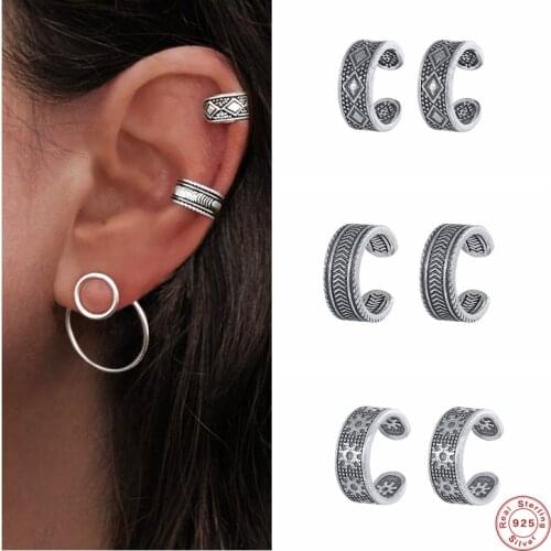 Aide 925 Sterling Silver Retro Boho Ethnic Clip Earrings Geometric Pattern Ear Cuffs Non Pierced Cartilage Earcuff Brincos Jewel