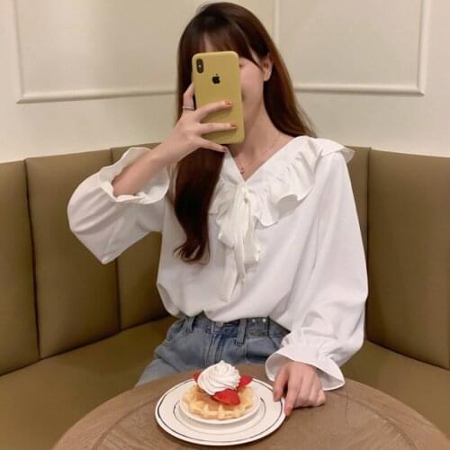 Ruffled Lace Up V Neck White Chiffon Blouse Women Blusas Mujer Autumn Flare Sleeve Top Korean Chic Slim Long Gentle Elegant