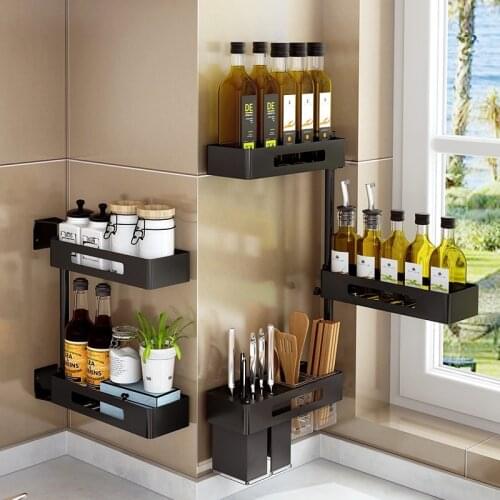 Black Wall Hanging Non punching Kitchen Corner Shelf Rotating Condiment Rack Knife Fork Chopsticks