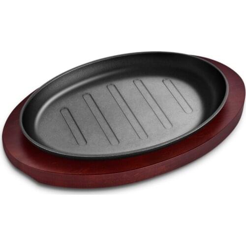 Cast iron fried steak pan barbecue commercial fried Korean BBQ fried fish pan fried household grill pot grill plate wooden tray