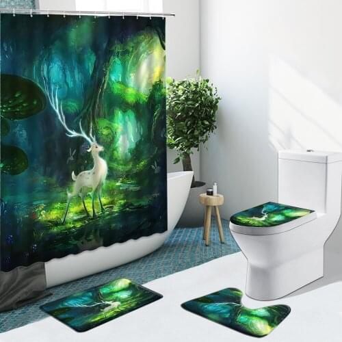Fantasy Forest White Elk Antlers Tree Bathroom Set Shower Curtain Non-Slip Rugs Flannel Toilet Carpet Cover With Hooks Bath Mat
