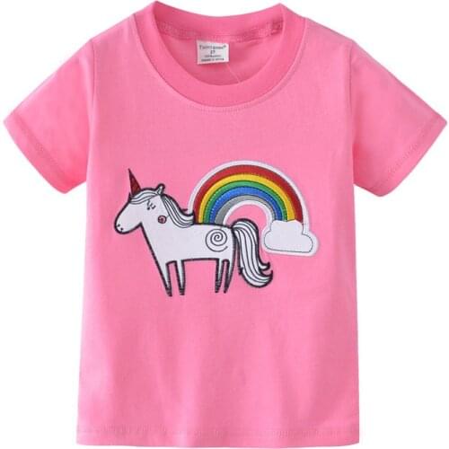 Funnygame Unicorns Girls T shirts Applique Rainbow Children Summer Tees Cotton Hot Selling Animals Baby Clothes 2020