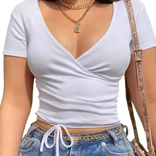 Summer Solid V-Neck T-Shirts Fashion Women Short Sleeve Sexy Shirring Crop Tops Ladies Casual Tees Basic Streetwear Bodycon