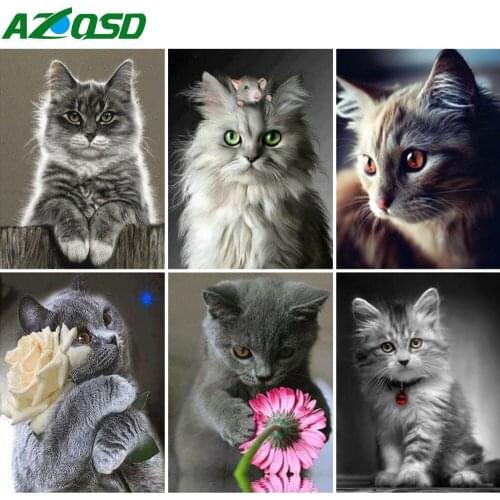 AZQSD Diamond Painting Cat Full Square Drill Diamond Embroidery Animal Rhinestones Picture Home Decoration Cross Stitch Kits