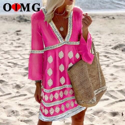 OIMG Urban Checkered Loose Red Beach Dress Tropical Women V-neck Stripe Yellow Boho Patchwork Casual Party Dresses Dropshipping