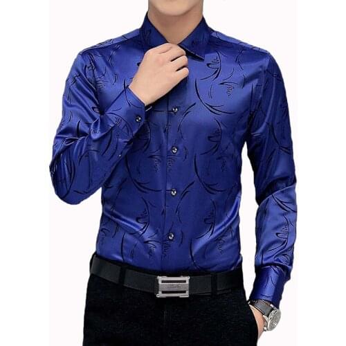 High Quality Satin Shirt Men Chemise Homme Casual Long Sleeve Slim Fit Mens Dress Shirts Business Wedding Male Shirt Men Shirt M