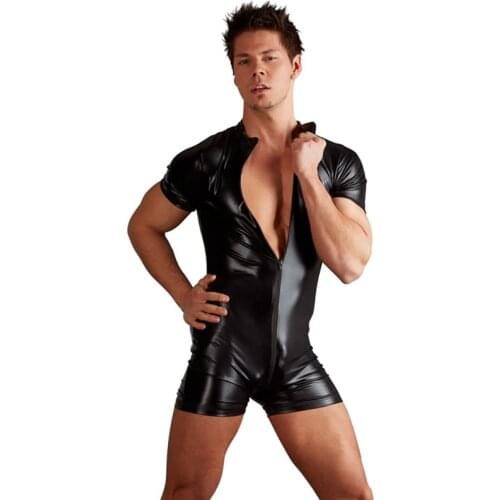 Sexy Men PU Leather Jumpsuit Zipper Open Crotch PVC Latex Wetlook Bodysuits Club Stage Night Clubwear Gays Sex Catsuit Lingerie