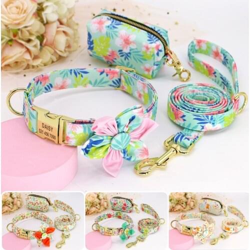 Personalized Dog Collar With Leash Garbage Bag Nylon Customized Dogs ID Collars Pet Lead Belt With Poop Bag Flower Print Pug