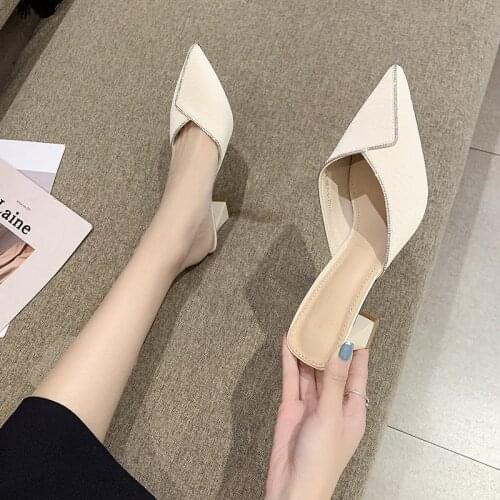 Baotou Half Slippers Women Fashion Outer Wear Summer New Style Fitting Room Pointed Thick Heel High Heels