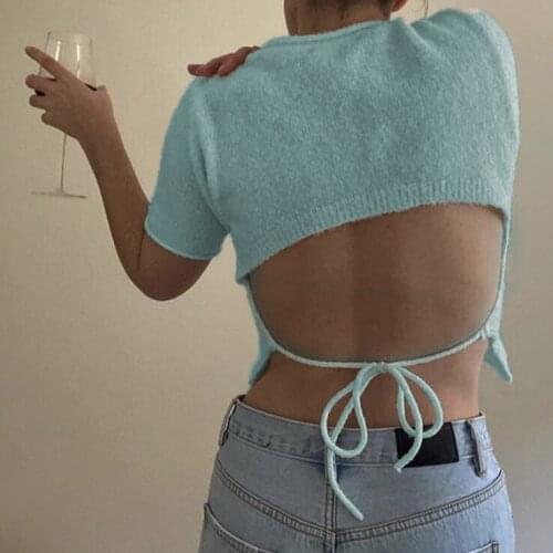 Sexy sweater women 2021 knitted pullover summer short sleeve sweater korean lace up top backless fashion cropped sweater purple
