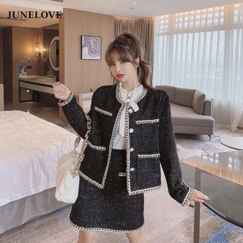 JuneLove 2021 New Office Ladies Suit Tweed Cardigan Jacket + High Waist Skirts Ladies Two Pieces Set Female Small Fragrance Suit