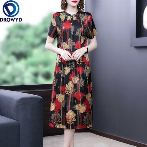 2021 Summer New Red Satin Midi Dress Women Short Sleeve Elegant Print Mulberry Silk Vintage Dress Casual Bodycon Party Vestidos