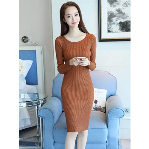 New Arrivals Soft Ribbing Knit Dress Women Autumn Winter 2021 O-Neck Long Sleeve Slim Wrap Hip Elegant Midi Dresses Robe Femme