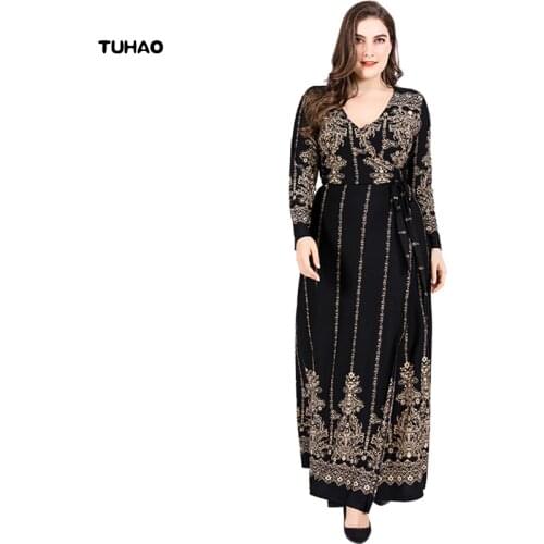 TUHAO Autumn Office Lady Vintage Maxi Long Elegant Womens Dresses Plus Size 6XL 5XL RETRO Print Bohemian Muslim Dress SJ01