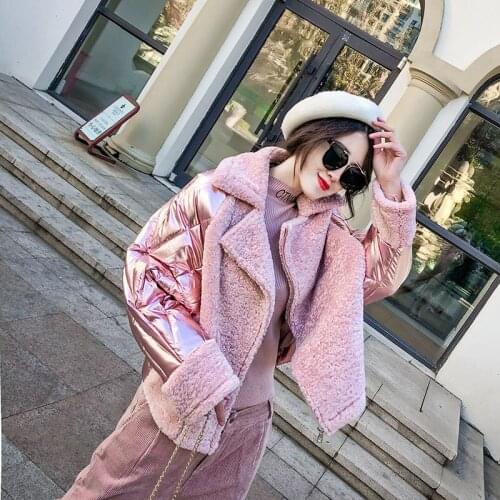 Winter Womens Glossy Down Cotton Padded Jacket Plus size Patchwork Suede Warm coat Jaqueta feminina Short Loose Female jacket