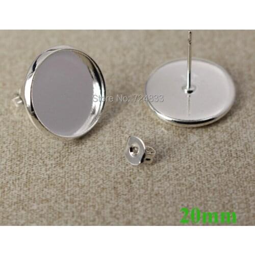 20mm New Silver Plated Brass Blank Bases Round Bezel Pin Stud Earrings Post w/ Stopper Earring Settings Findings Wholesale