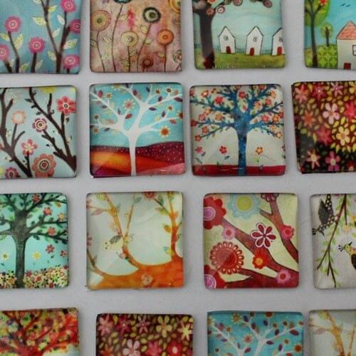 25mm Random mixed Square Life Tree Glass Cabochon Flatback Photo Base DIY Jewelry Making accessory by pair 10pcs K02331