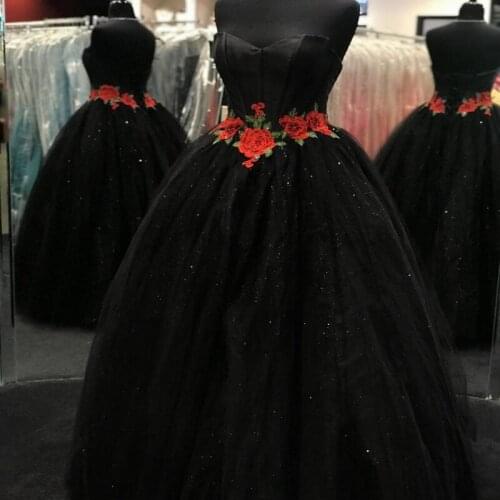 Ball Gown Prom Dress 2k19 Black Red Floral Sweetheart vestidos de fiesta largos elegantes de gala Long bestidos de gala Quince