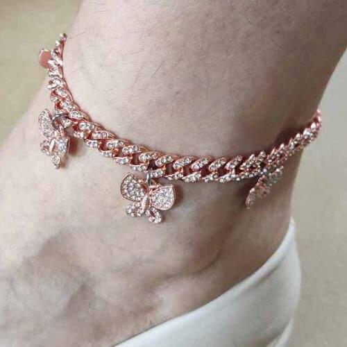 CZ Zircon Butterfly Charm Ankle Bracelet Cuban Link Chain Anklets Women Feet Bracelets Boho Beach Girl Hip hop Barefoot Jewelry