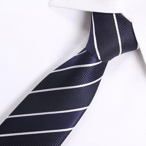High Quality 2019 New Designers Brands Fashion Business 7cm Slim Ties for Men Deep Blue Black Striped Necktie Work with Gift Box