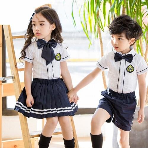 Kids Clothing Set Primary Secondary Students Japenese School Uniform For Girls Boys Kindergarten Summer Shirt+Navy Skirts+Bow