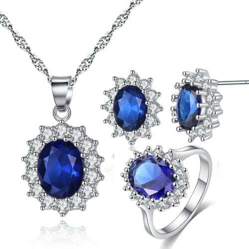 Sapphire &ruby gemstones ring necklace stud earrings set for women blue red crystal white gold silver color fashion jewelry gift