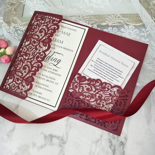 50X Lace Wedding Invitation With Personalized Print Insert And Small Card Burgundy Shiny Invites For Anniversary Birthday Party