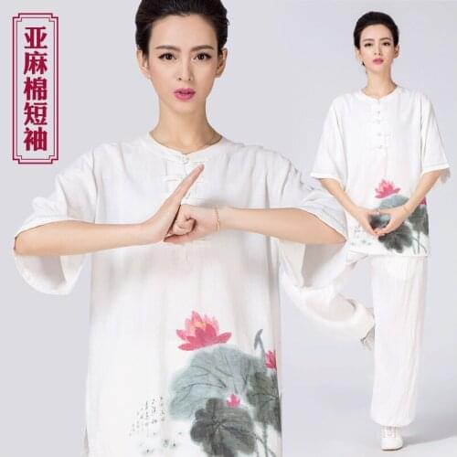Ancient Chinese printing series 2016 linen cotton short sleeved summer lotus morning tai chi clothing