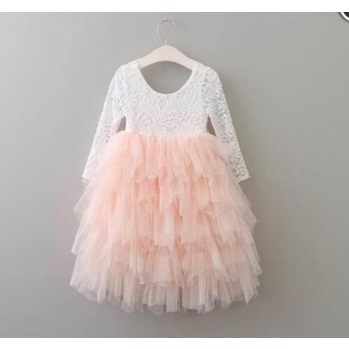 Ins Hot New Korean Girl Lace Princess Dress Long-sleeved Gauze Layer Cake Dress Flower Girl Dress