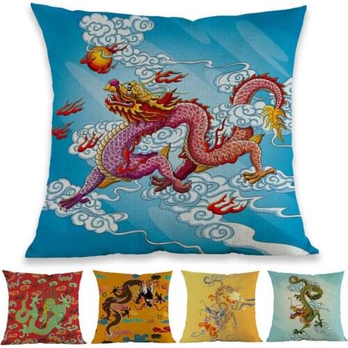 Multicolor Background Chinese Myth Dragon Loong Pattern Linen Throw Pillow Case Home Room Sofa Car Decorative Cushion Cover