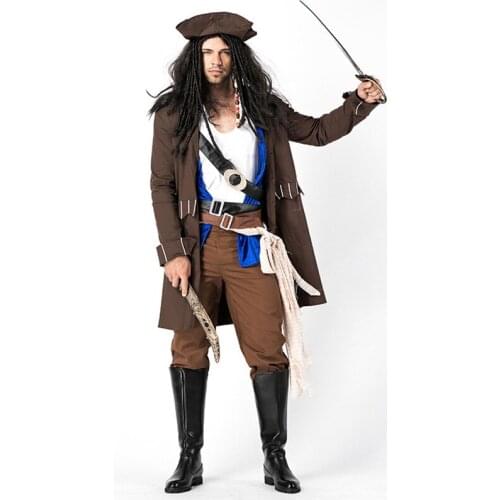 Men Pirate Costume Halloween Carnival Buccaneer Captain Uniforms Party Fancy Dress 9 Pieces Adult Male Pirate Cosplay Clothing