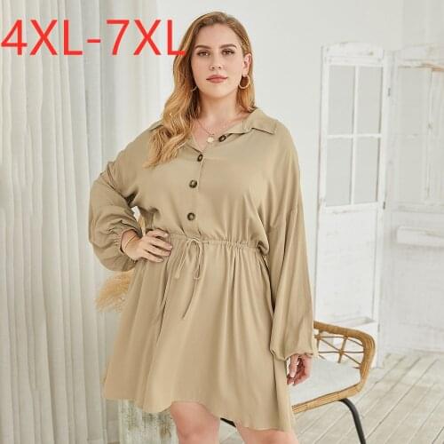 New ladies autumn winter plus size shirt dress for women large long sleeve loose casual khaki button belt dress 4XL 5XL 6XL 7XL